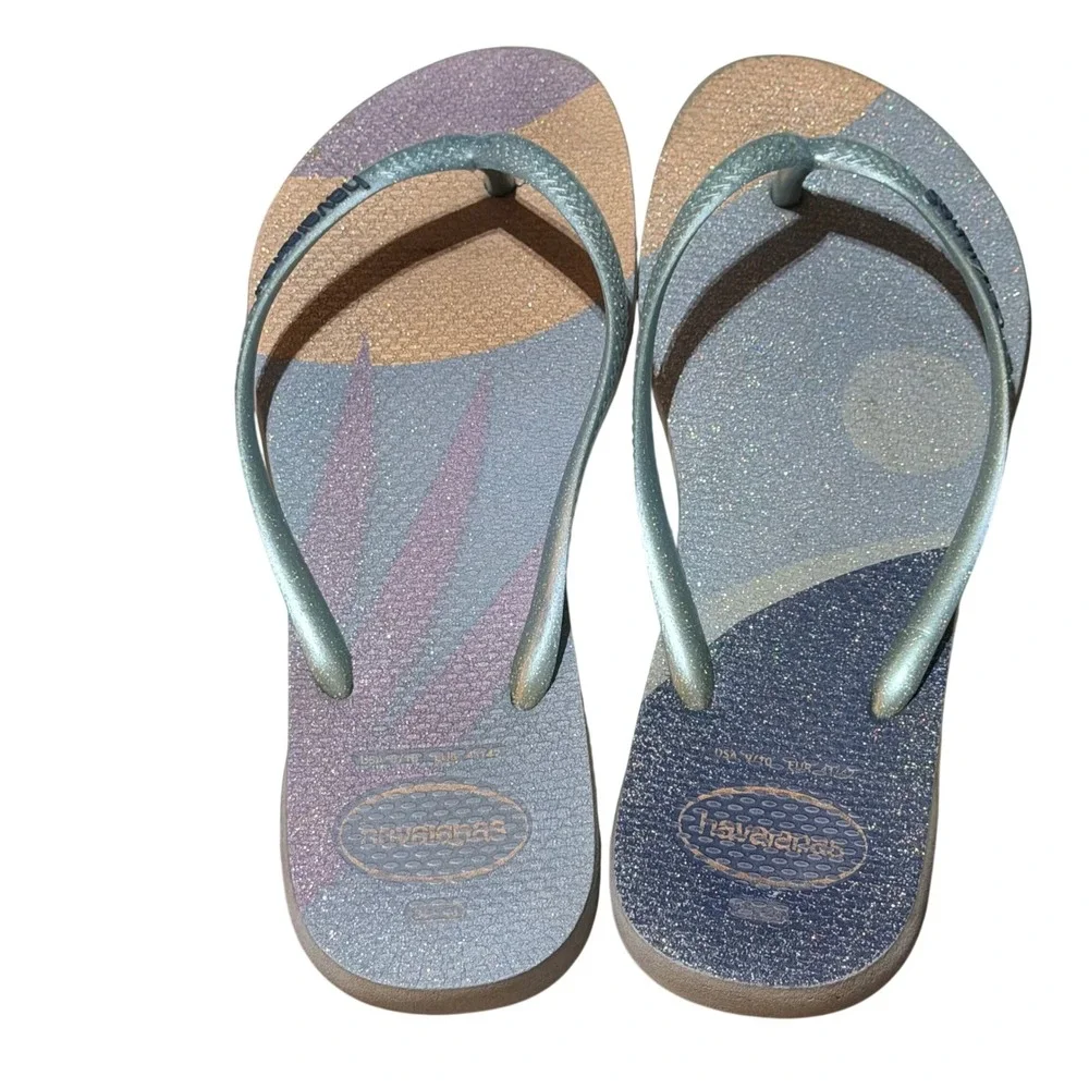 Havaianas Flip Flops Womens 9/10 Multi Color Rubber Slim Glitter Cosmic Beach